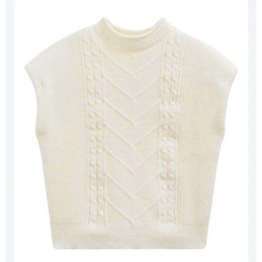 NWT‎ Commense Ivory Cable Knit Mock Neck Sweater Vest Cap Sleeve White Large